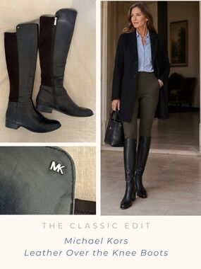 Michael Kors Over-the-Knee Leather Stretch Boots Sz 7.5 Fits 8 Black Low Heel